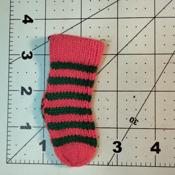 Miniature Red Green Striped Knit Christmas Stocking Ornament 3 inch - Picture 3 of 3